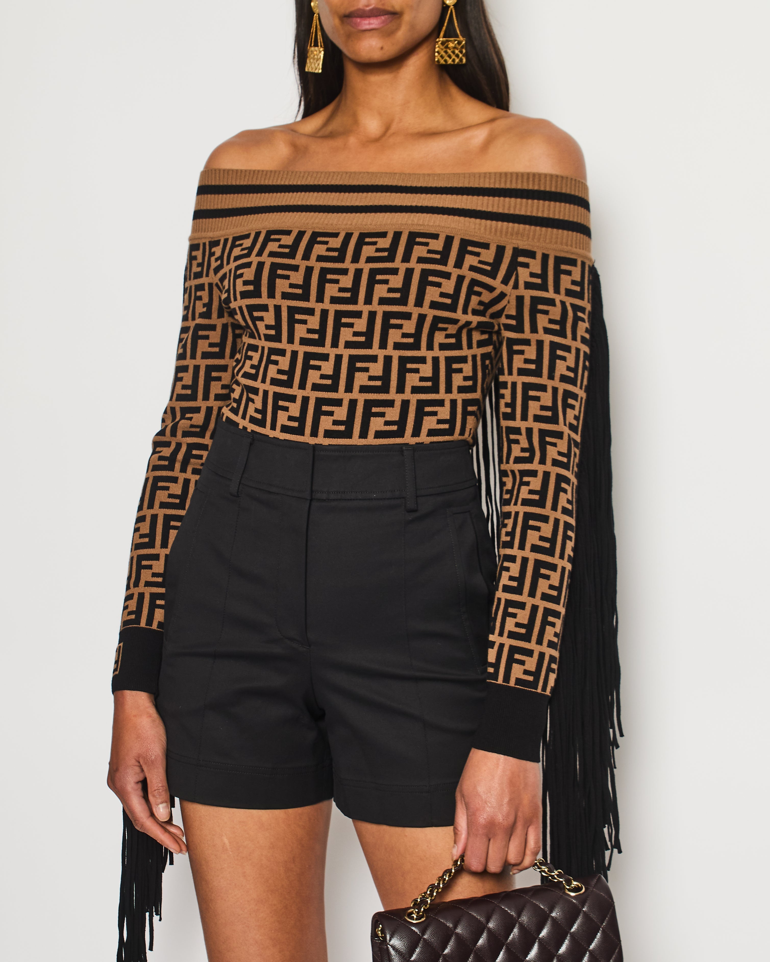 Fendi Off Shoulder Bodysuit Top With FF Monogram and Tassle Detail UK 8-10