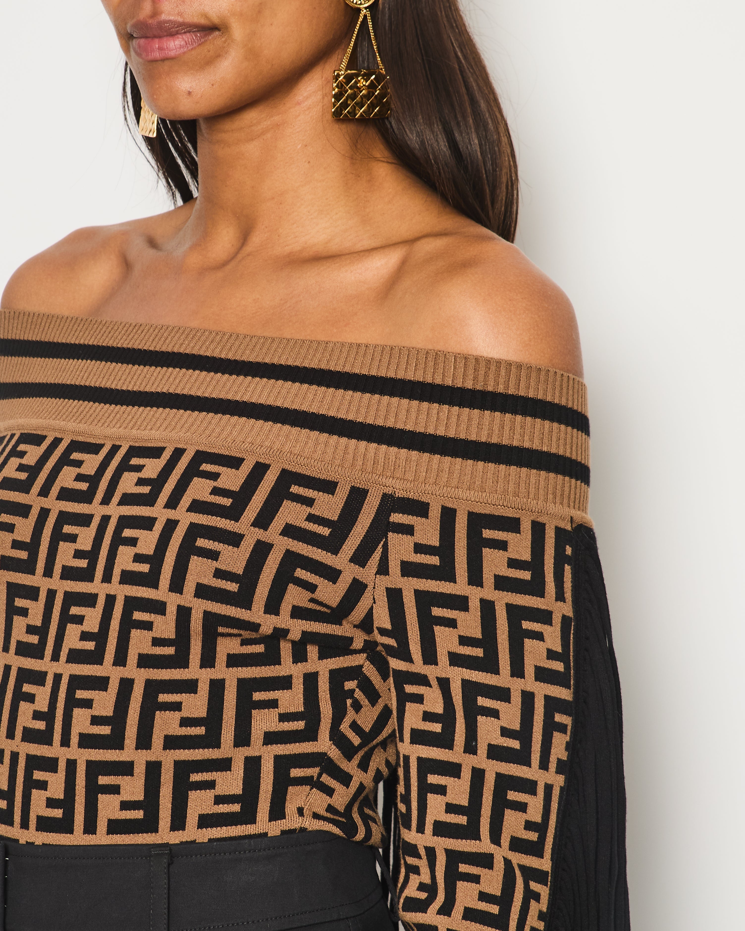 Fendi Off Shoulder Bodysuit Top With FF Monogram and Tassle Detail UK 8-10