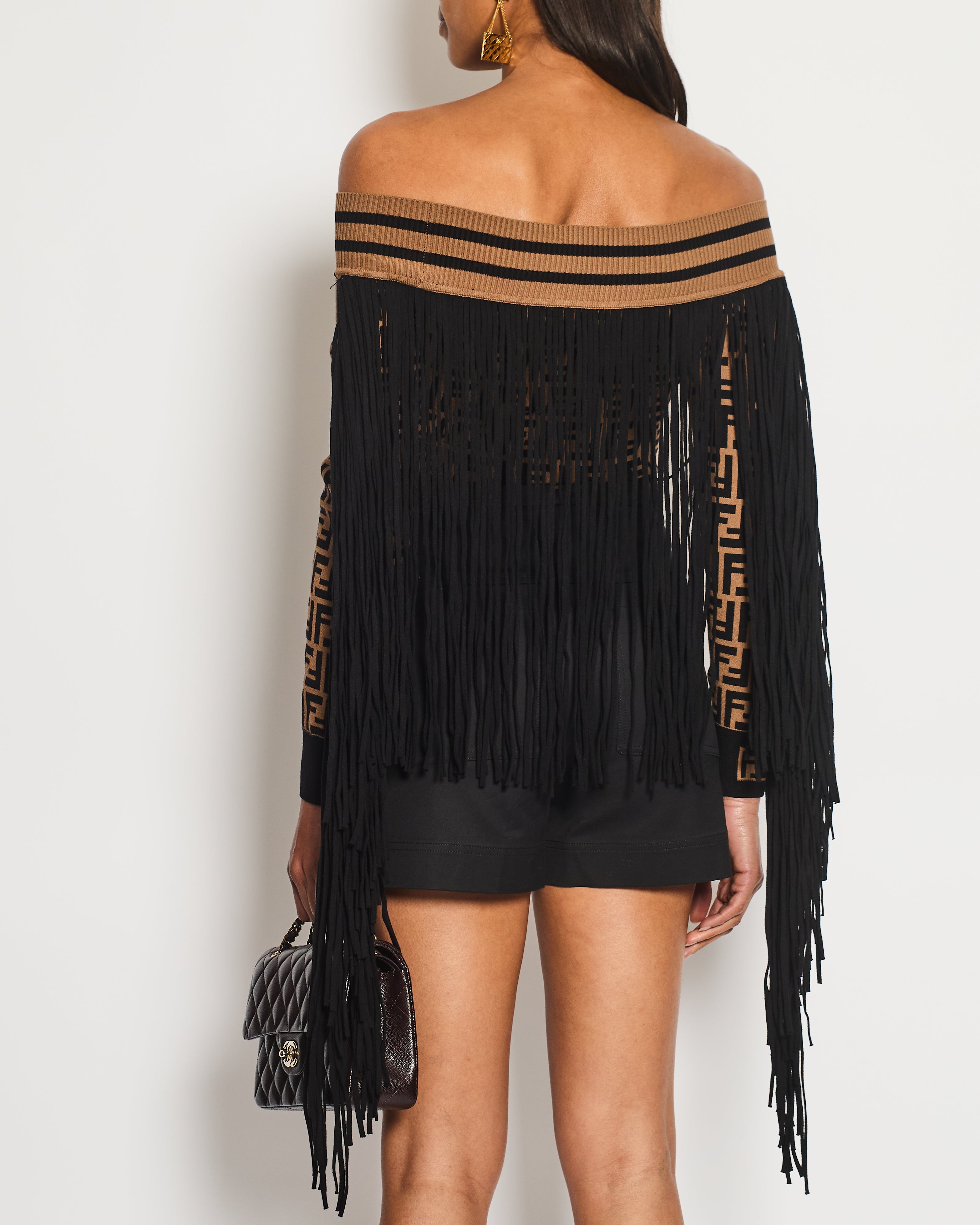 Fendi Off Shoulder Bodysuit Top With FF Monogram and Tassle Detail UK 8-10