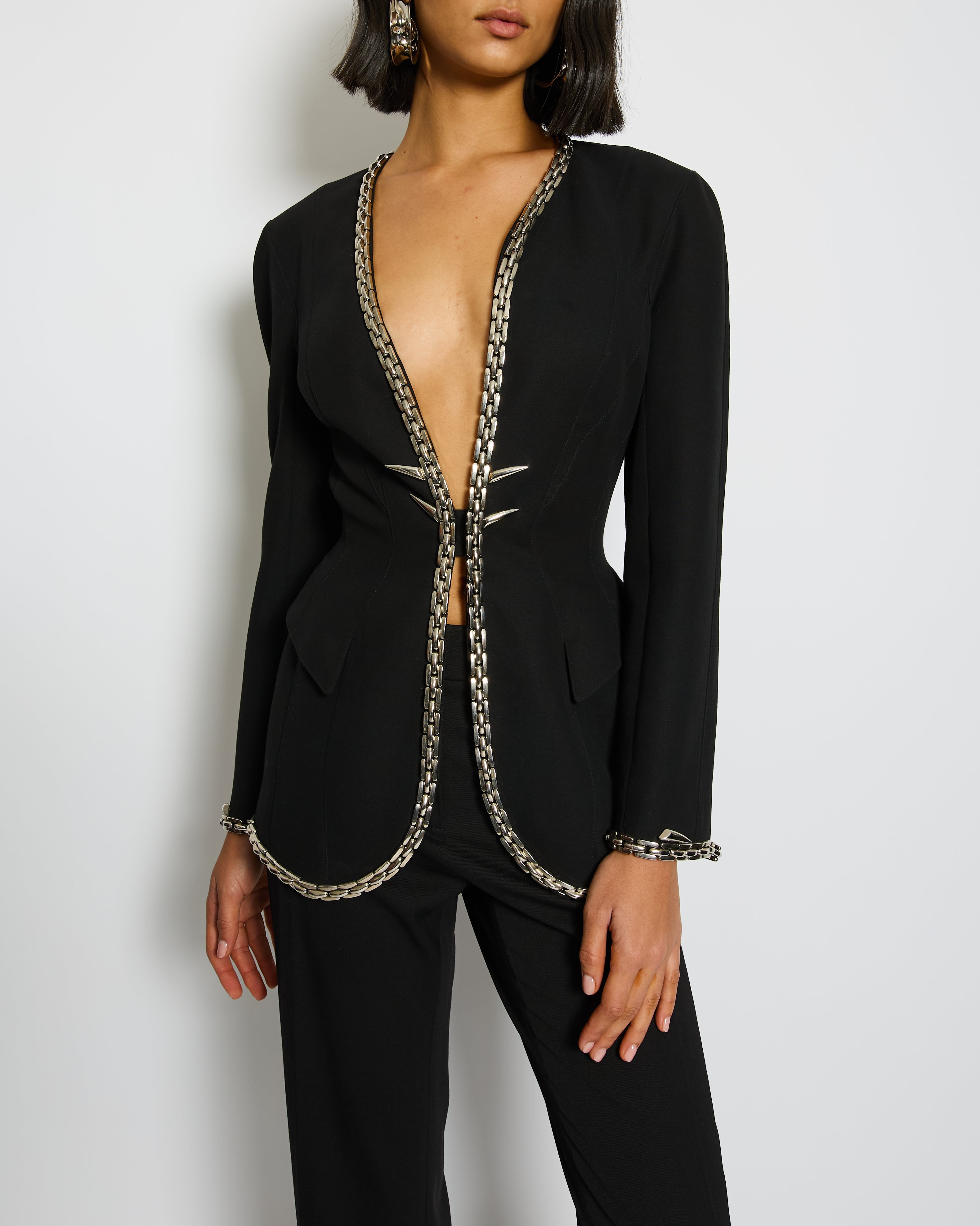 *SUPER RARE* Thierry Mugler Black Single Breasted Blazer with Chain Spike Detail Size FR 36 (UK 8)