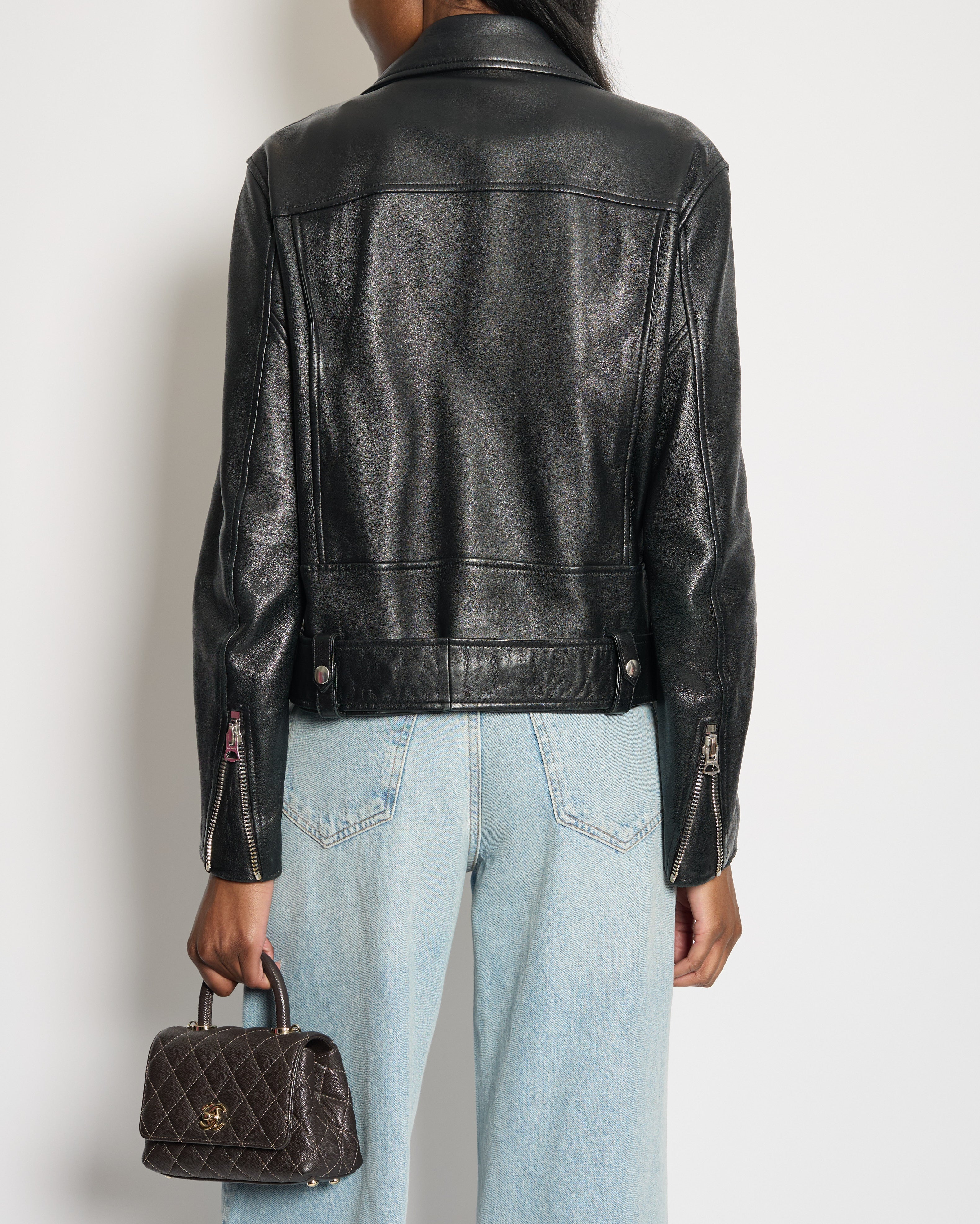 Acne Studios Black Lambskin Leather Biker Jacket with Pocket Details Size FR 36 (UK 8) RRP £1,600