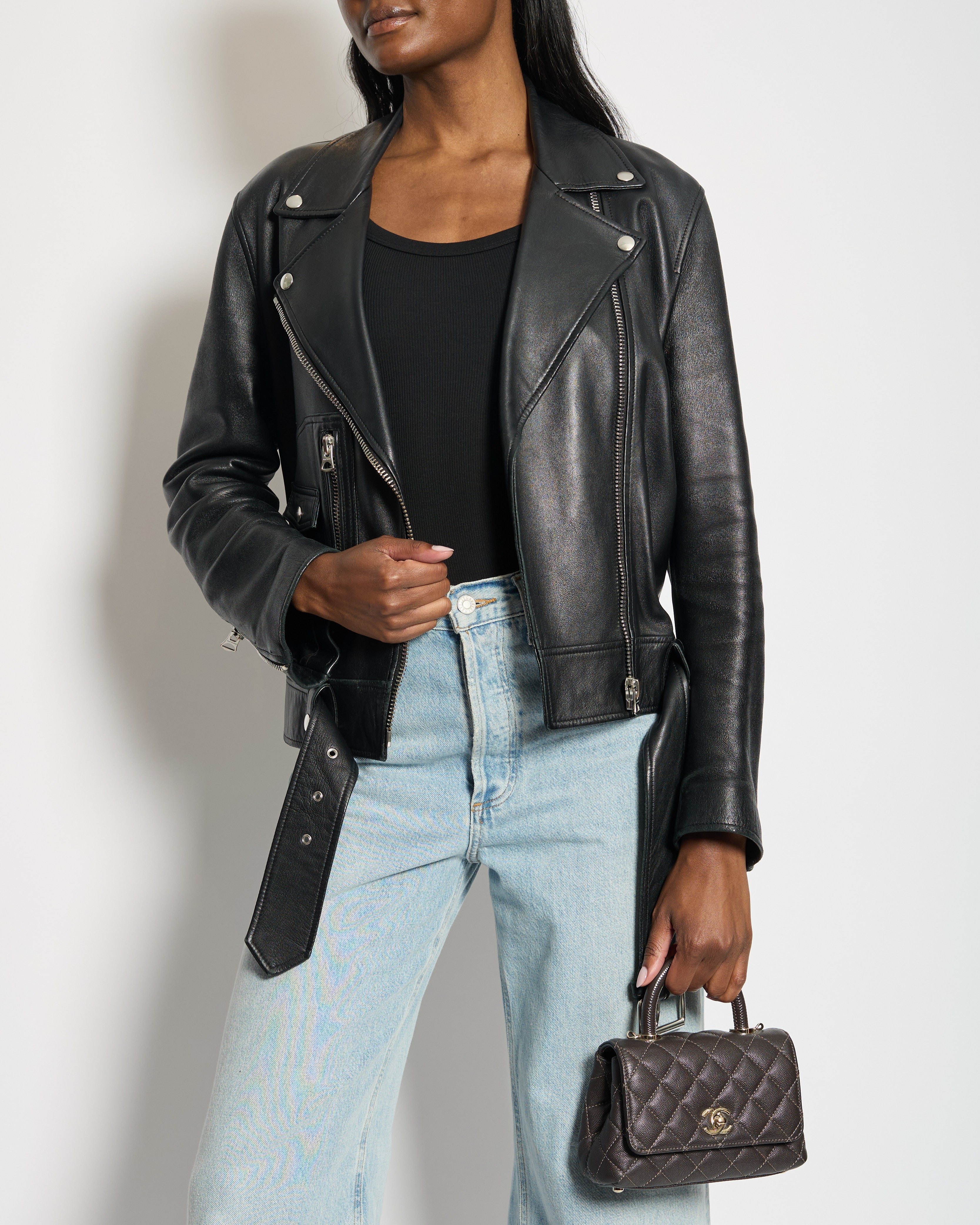 Acne Studios Black Lambskin Leather Biker Jacket with Pocket Details Size FR 36 (UK 8) RRP £1,600