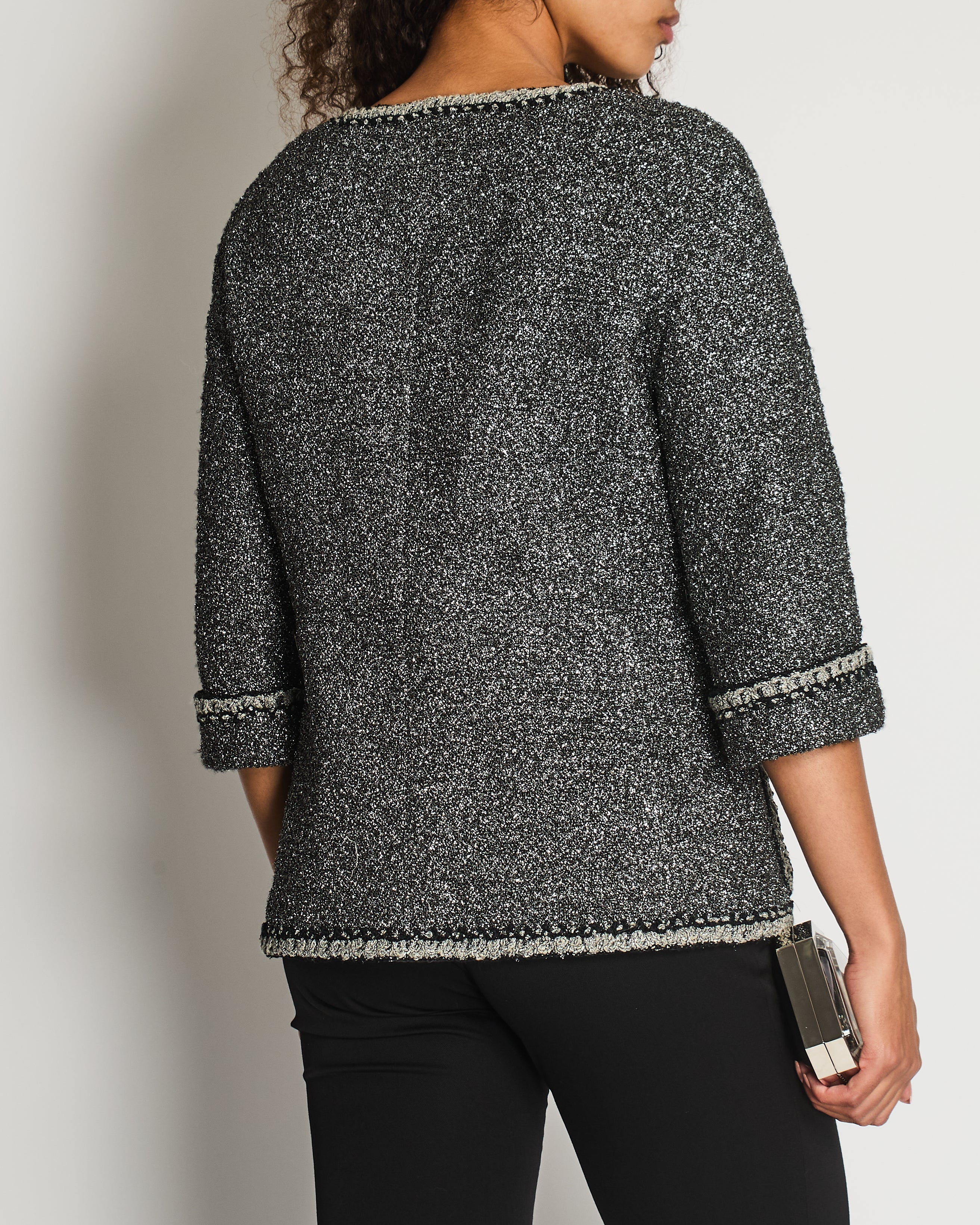 *HOT* Chanel 14/P La Petite Veste Noire Tweed Charcoal Grey Jacket with Silver Detail  Size FR 42 (UK 14)