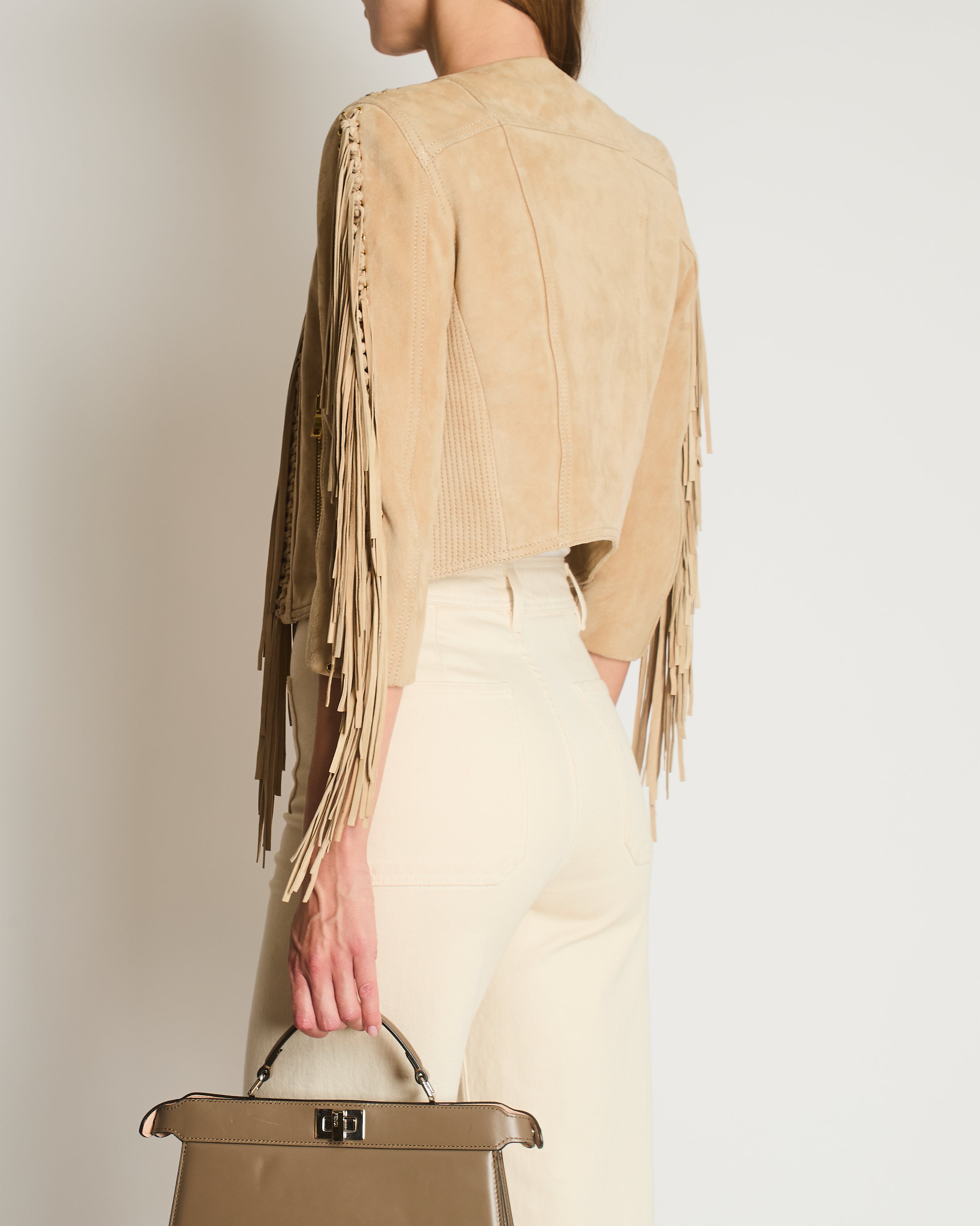 Balmain Camel Beige Suede Jacket with Fringes & Gold Zip Details Size FR 36 (UK 8)