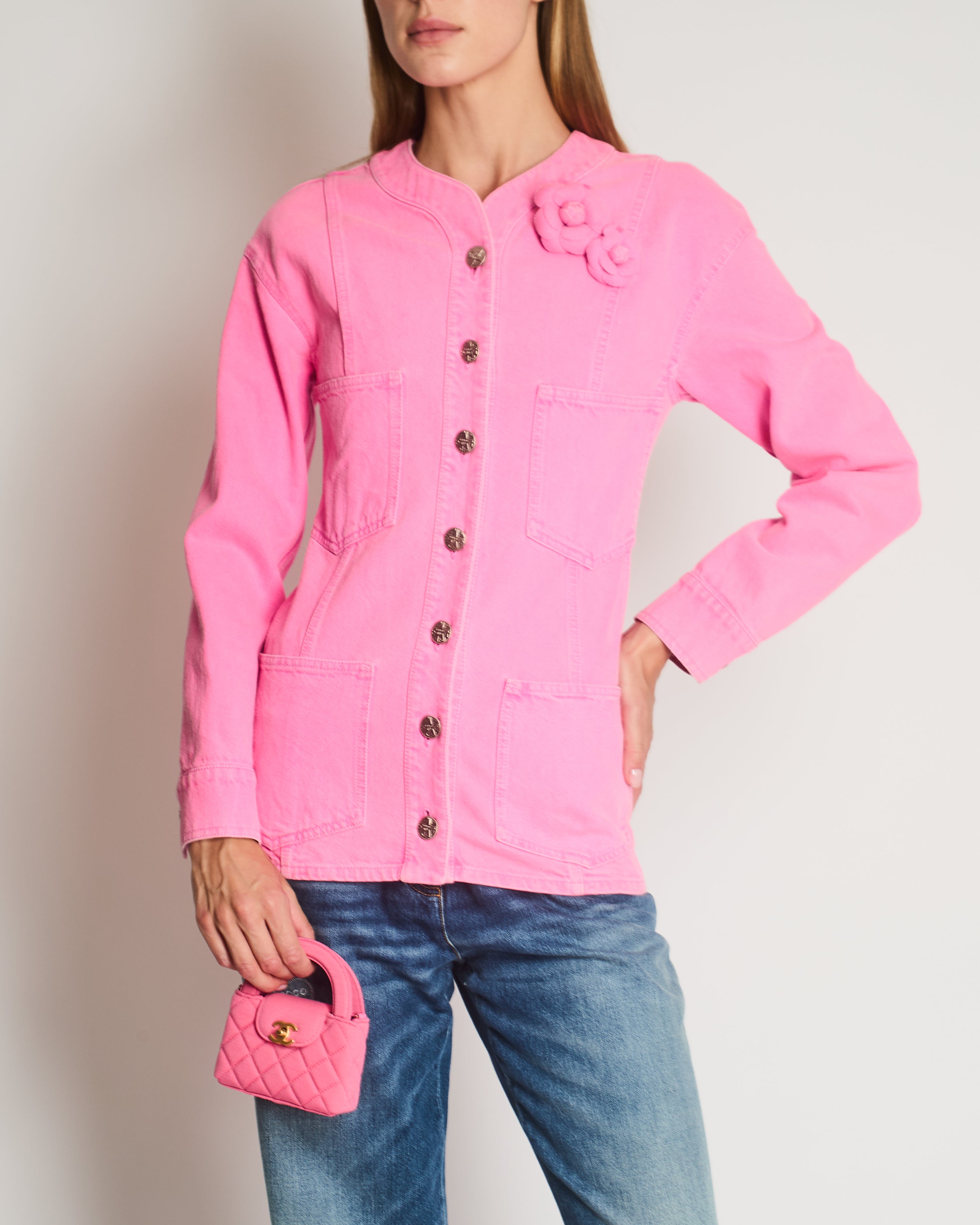 *HOT* Chanel 21S Hot Pink Denim Jacket with Detachable Camelia Pin Detail Size FR 34 (UK 6)