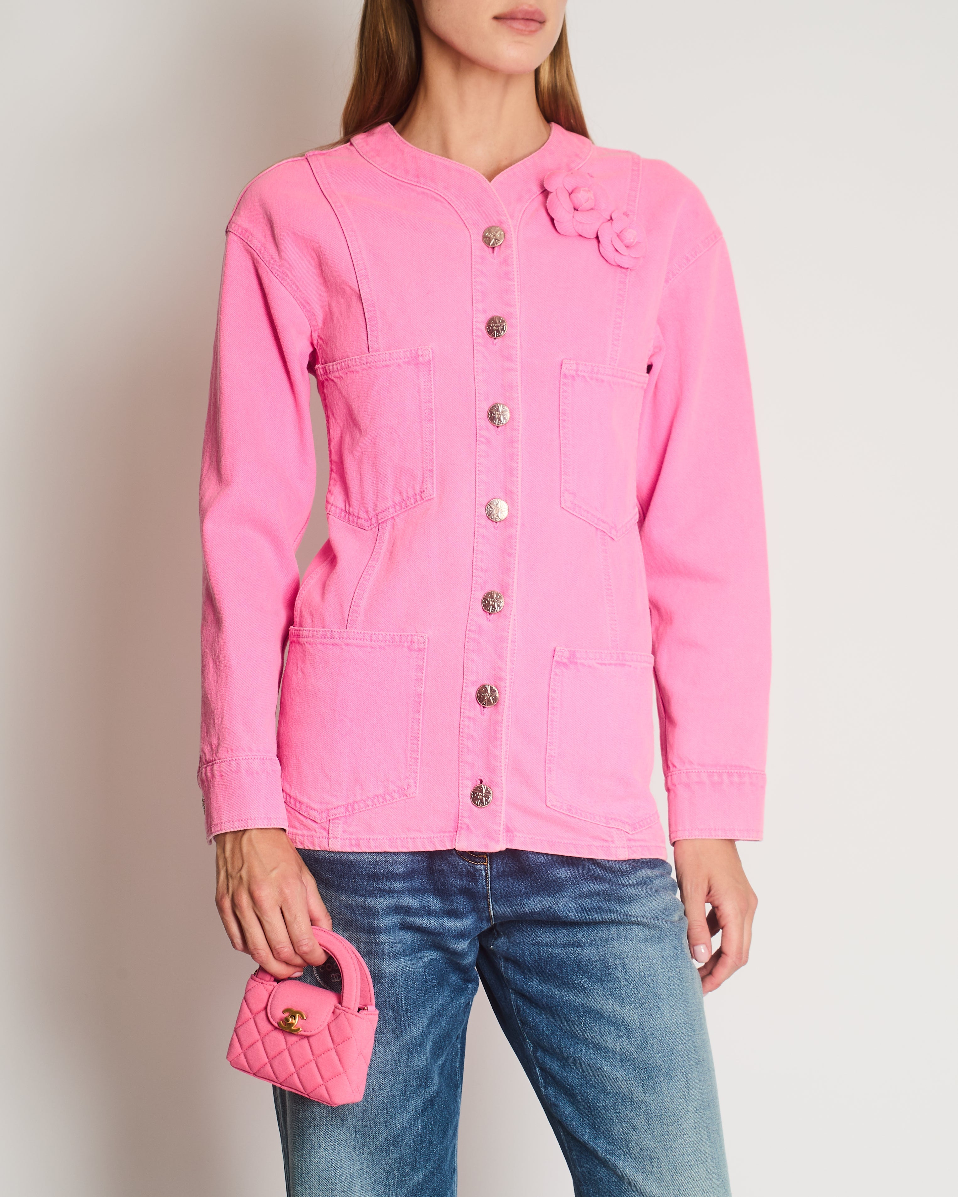 *HOT* Chanel 21S Hot Pink Denim Jacket with Detachable Camelia Pin Detail Size FR 34 (UK 6)