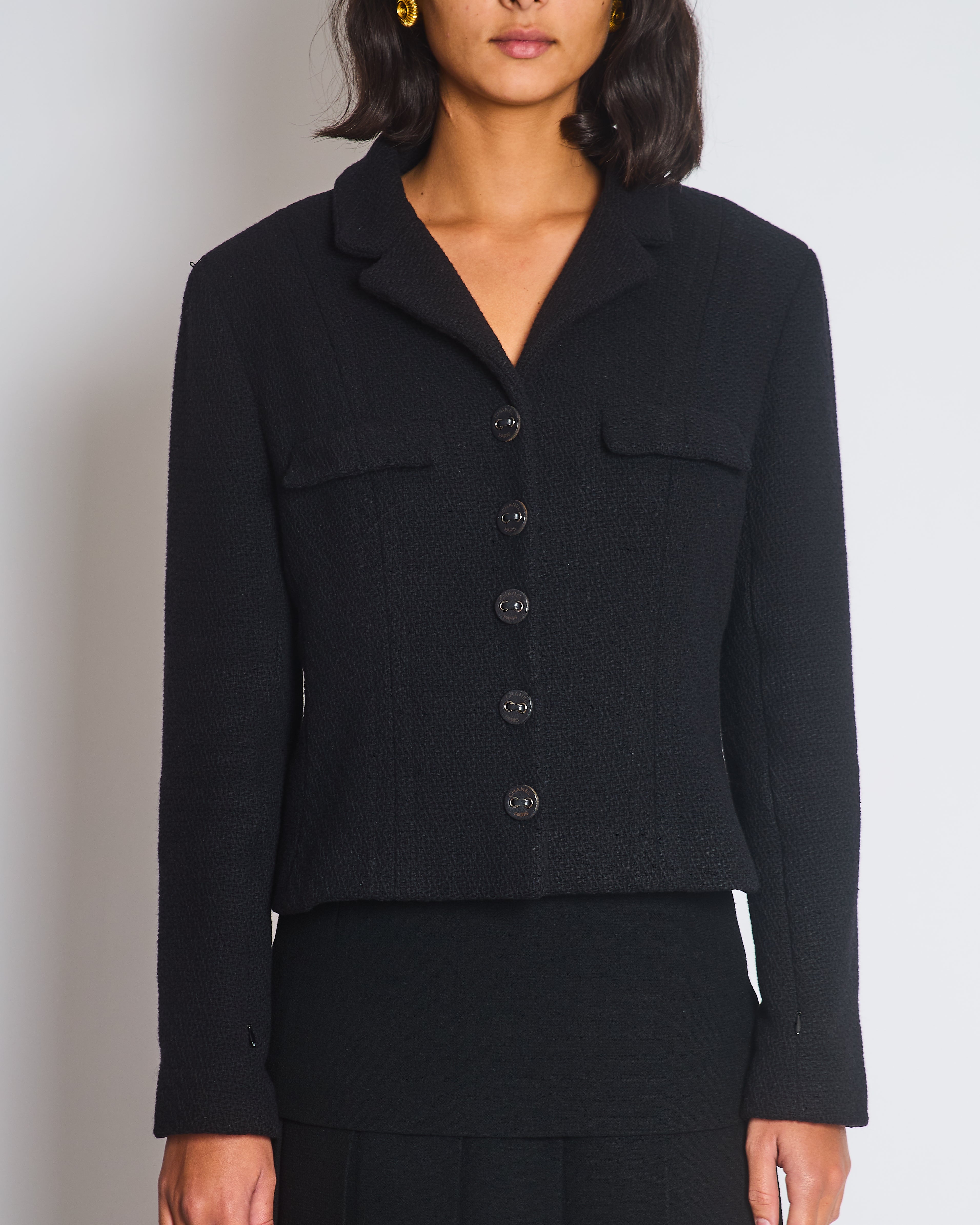 *FIRE PRICE* Chanel 02A Black Wool Jacket with Zips on The Sleeves & Leather Buttons Size FR 42 (UK 14)