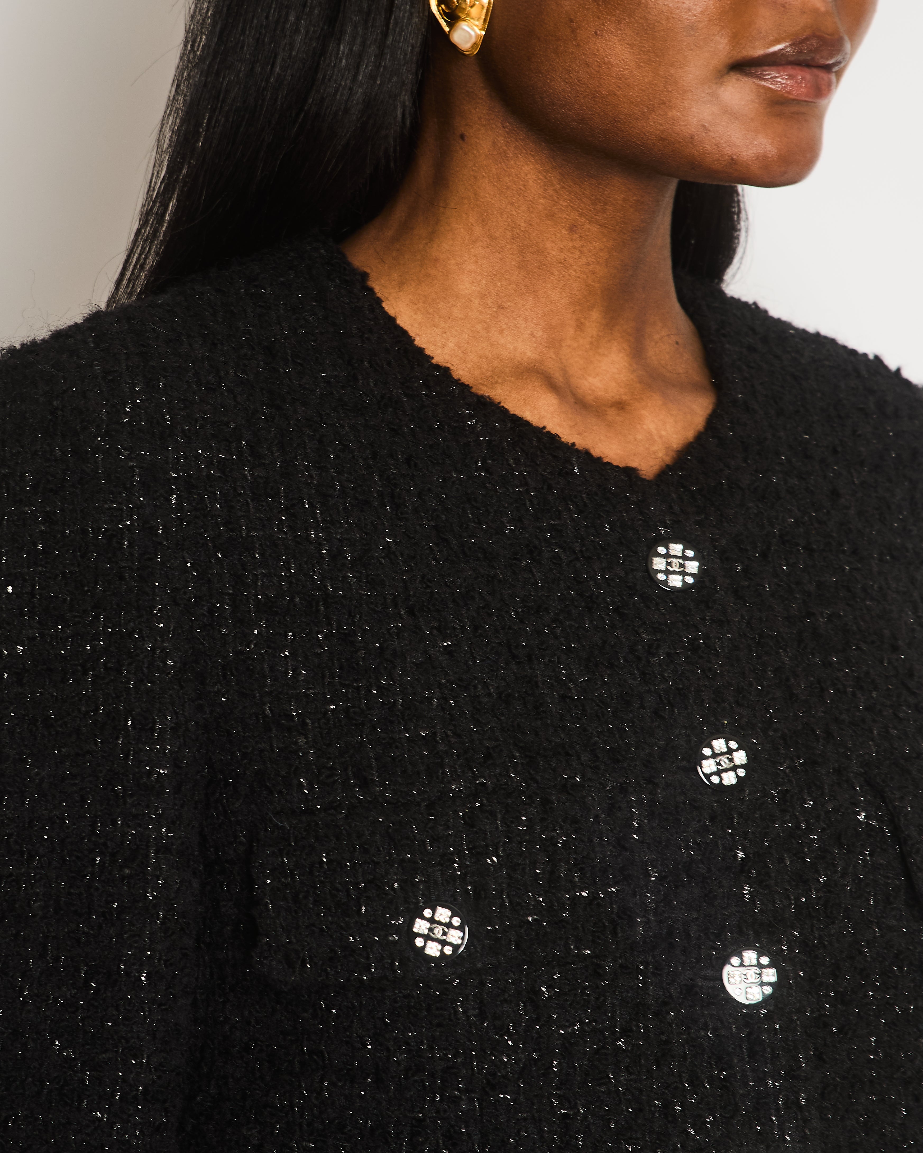 *HOT* Chanel 21K Black Metallised Tweed Jacket with Silver Crystal CC Buttons and Pockets Detailing Size FR 38 (UK 10)