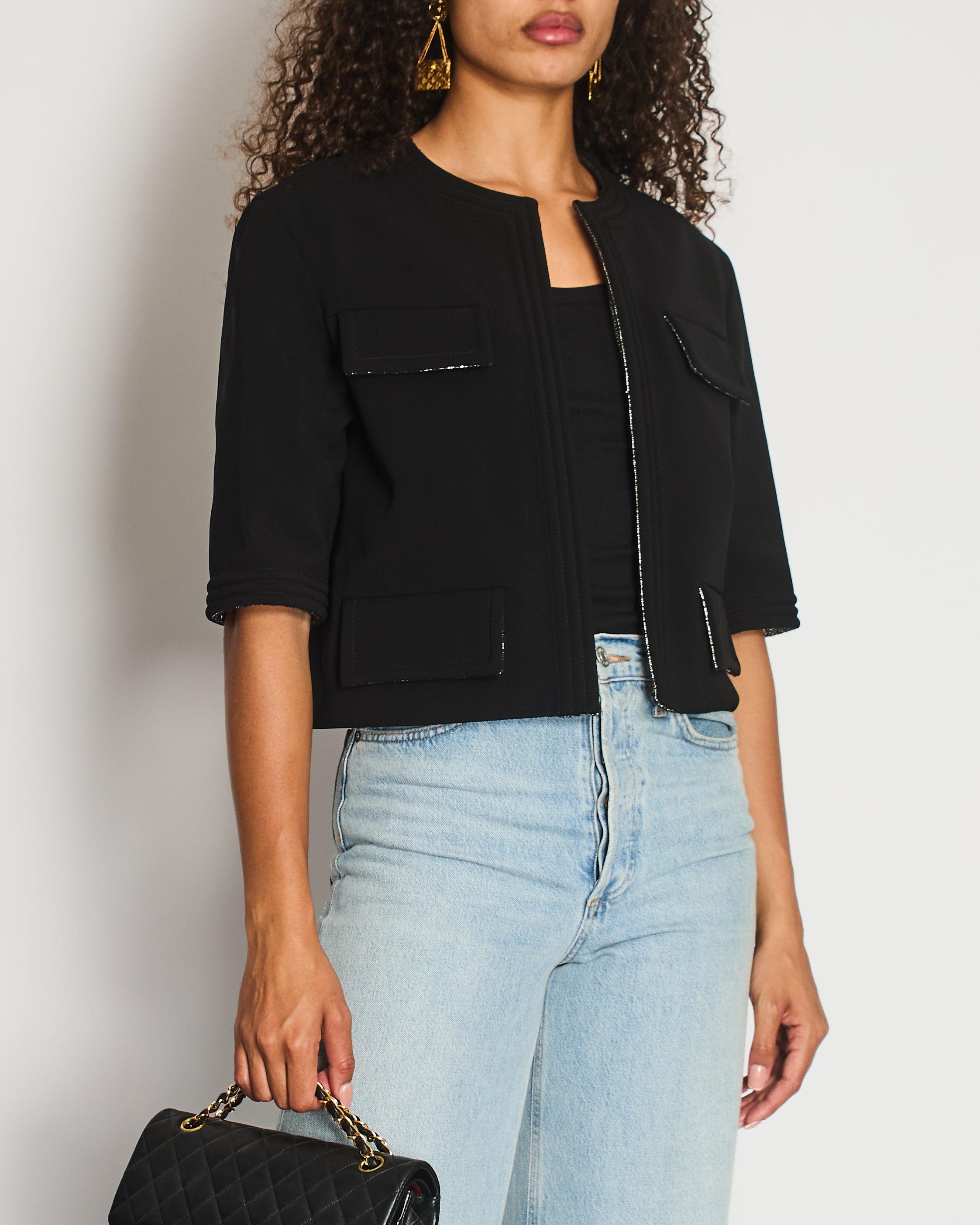 *HOT* Chanel 12/A Black and Silver Metallic Tweed Lined Pocket Jacket Size FR 42 (UK 14)