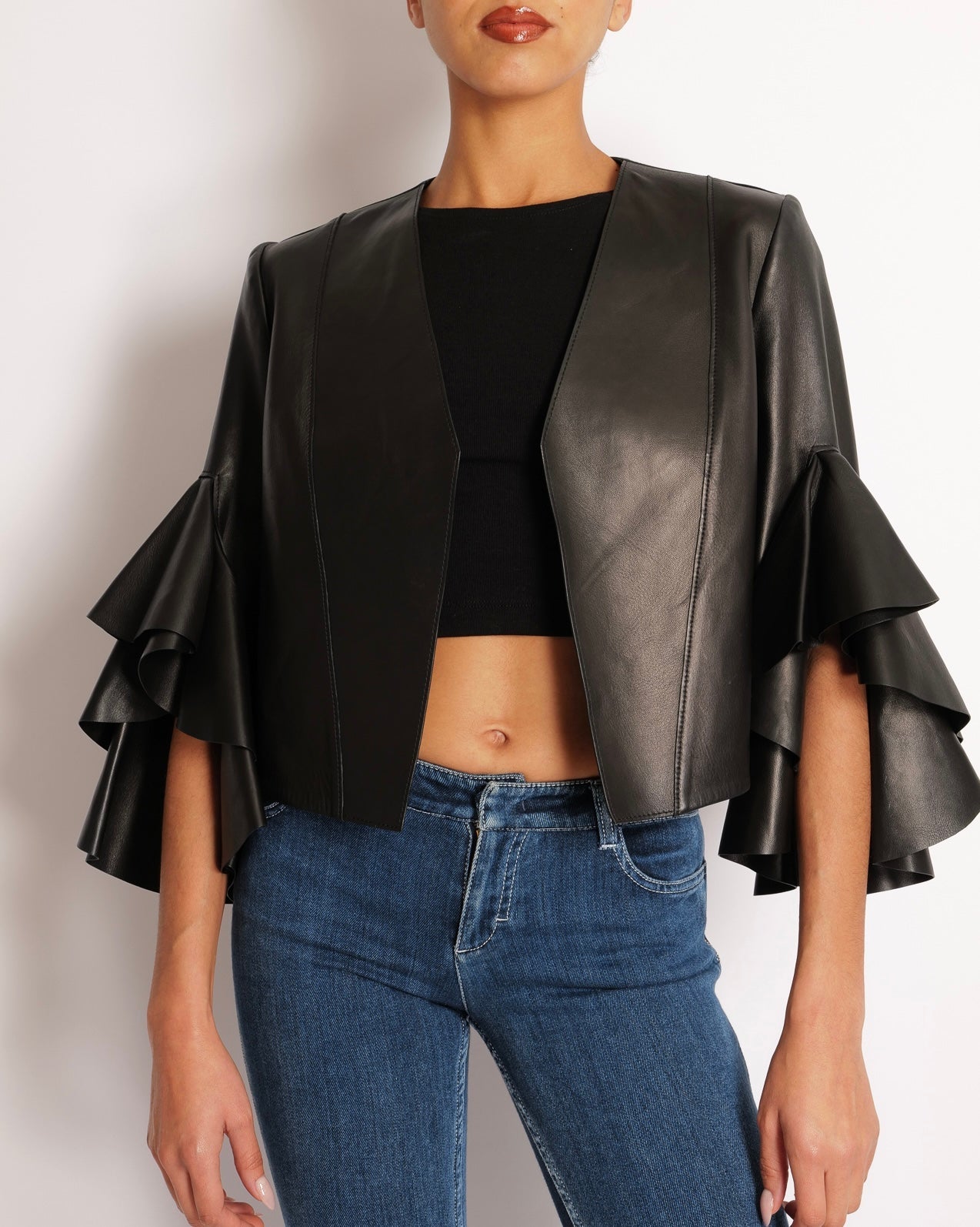 Alexander McQueen Black Leather Cropped Jacket with Ruffled Sleeves Size IT 40 (UK 8)RRP1800£