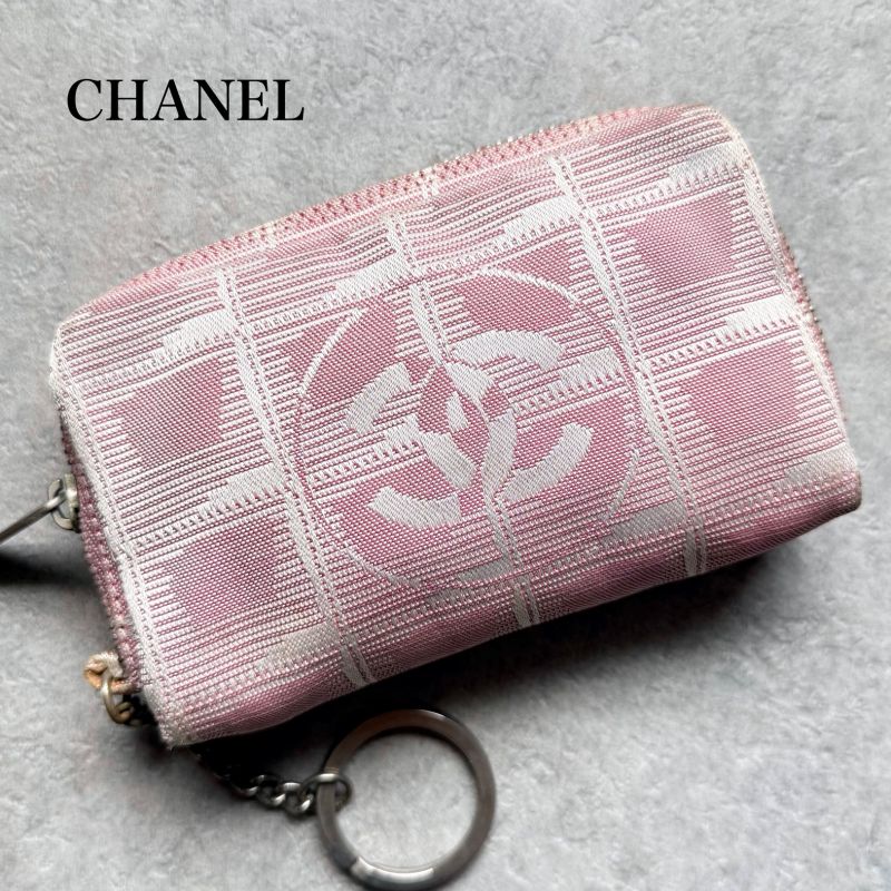 Chanel New Travel Line Coin Case Ring Mini Pouch Canvas Pink Coco