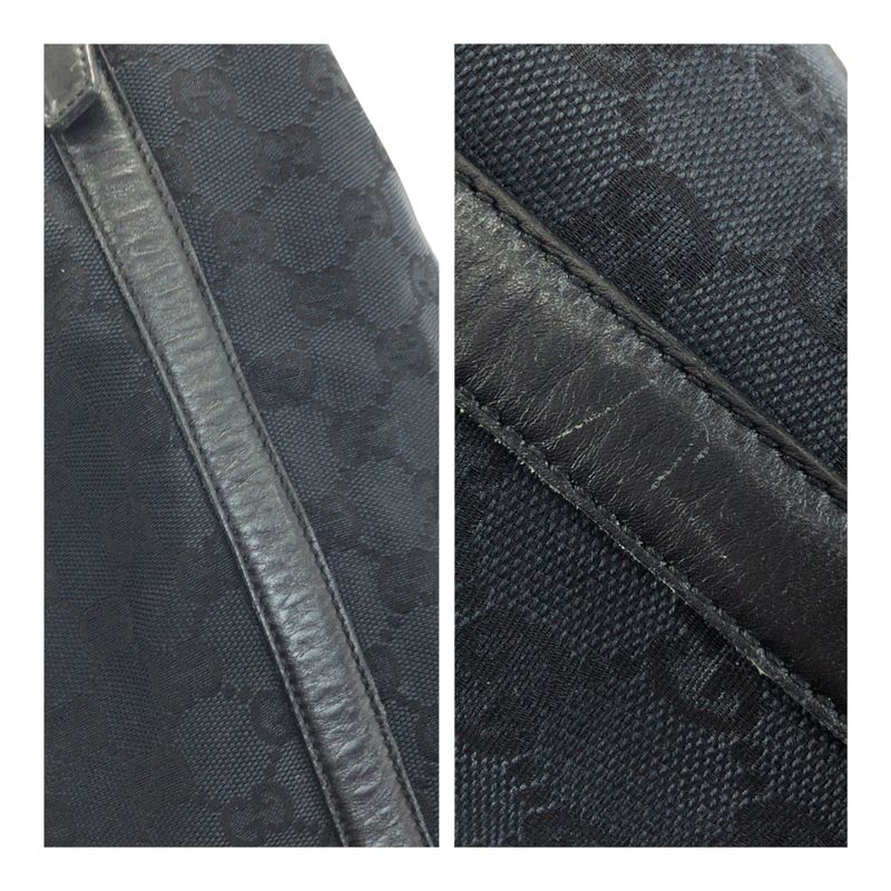 Gucci Hobo Black Gold Hardware GG Canvas Leather Shoulder Bag Handbag