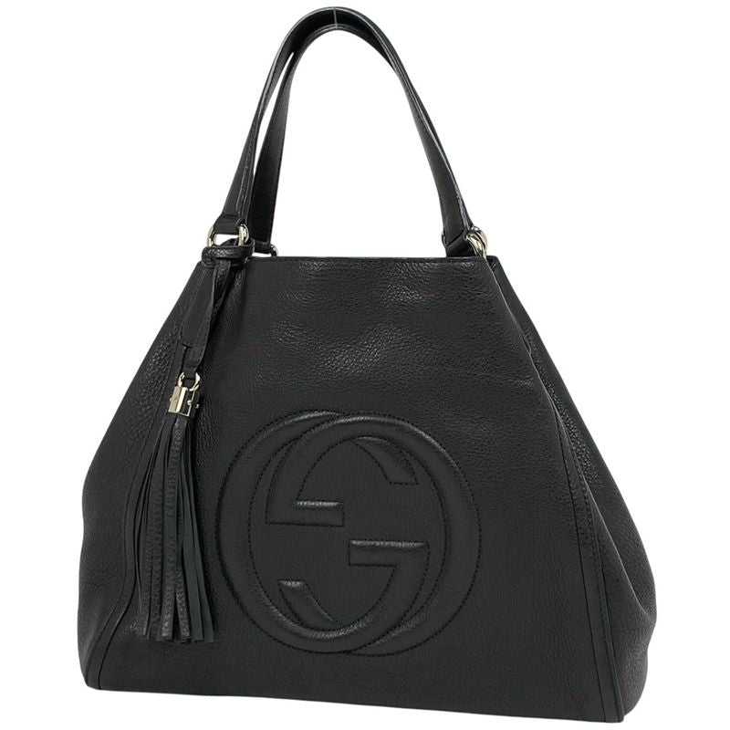 Gucci Soho Tote Bag Fringe Interlocking G Tote Leather Black
