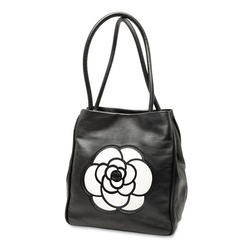 Chanel Camellia Handbag Shoulder Bag Black White Leather