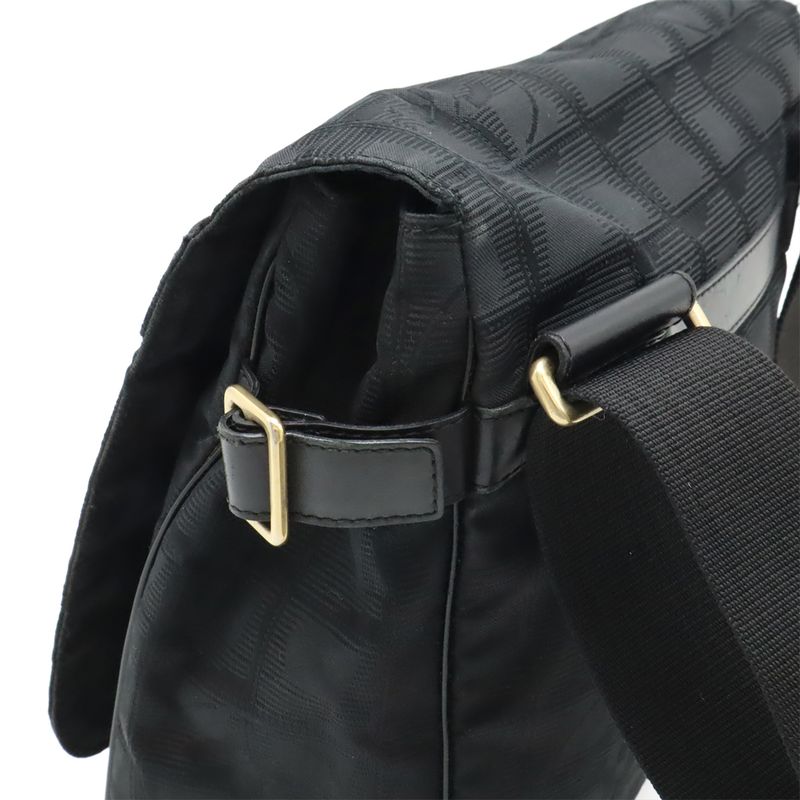 Chanel New Travel Line Shoulder Bag Crossbody Nylon Jacquard Leather Black