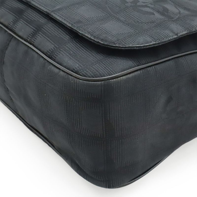 Chanel New Travel Line Shoulder Bag Crossbody Nylon Jacquard Leather Black