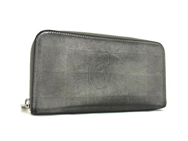 Chanel Wallet New Travel Line Gray Leather Unisex Coco Mark Silver Hardware