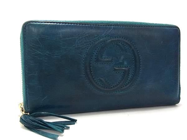 Gucci Long Wallet Soho Interlocking G Blue Green Leather Unisex Round
