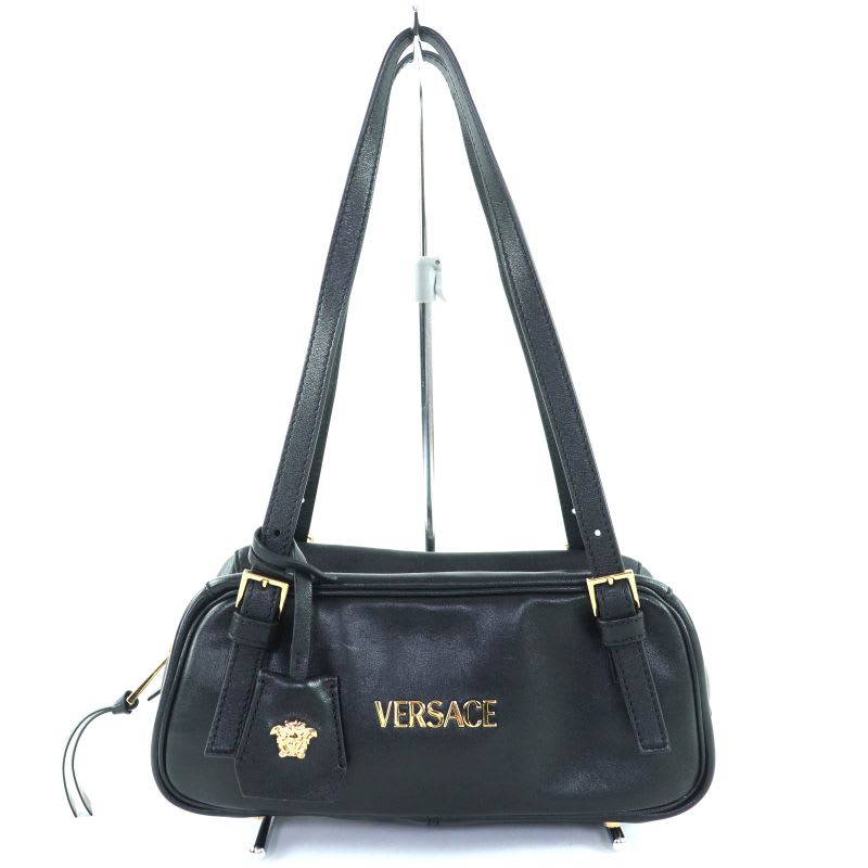 Versace tag Nappa Bowling Bag Leather Handbag with Medusa Charm Black