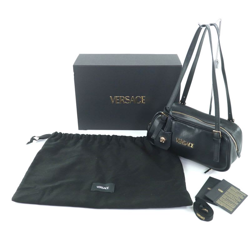 Versace tag Nappa Bowling Bag Leather Handbag with Medusa Charm Black