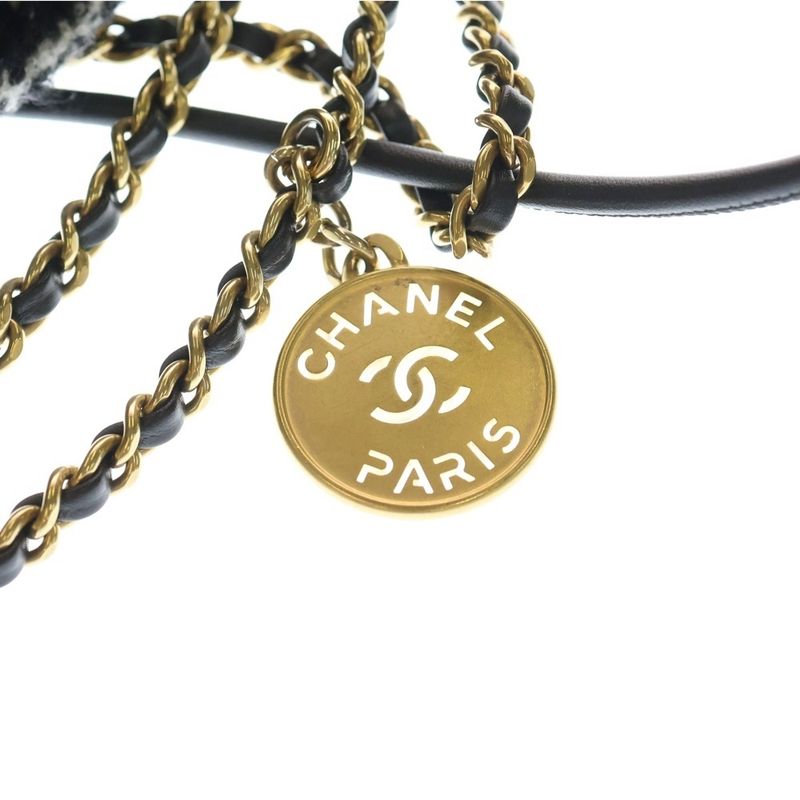 Chanel 22 Camellia 2-Way Shoulder Bag Handbag White Black Wool As3980