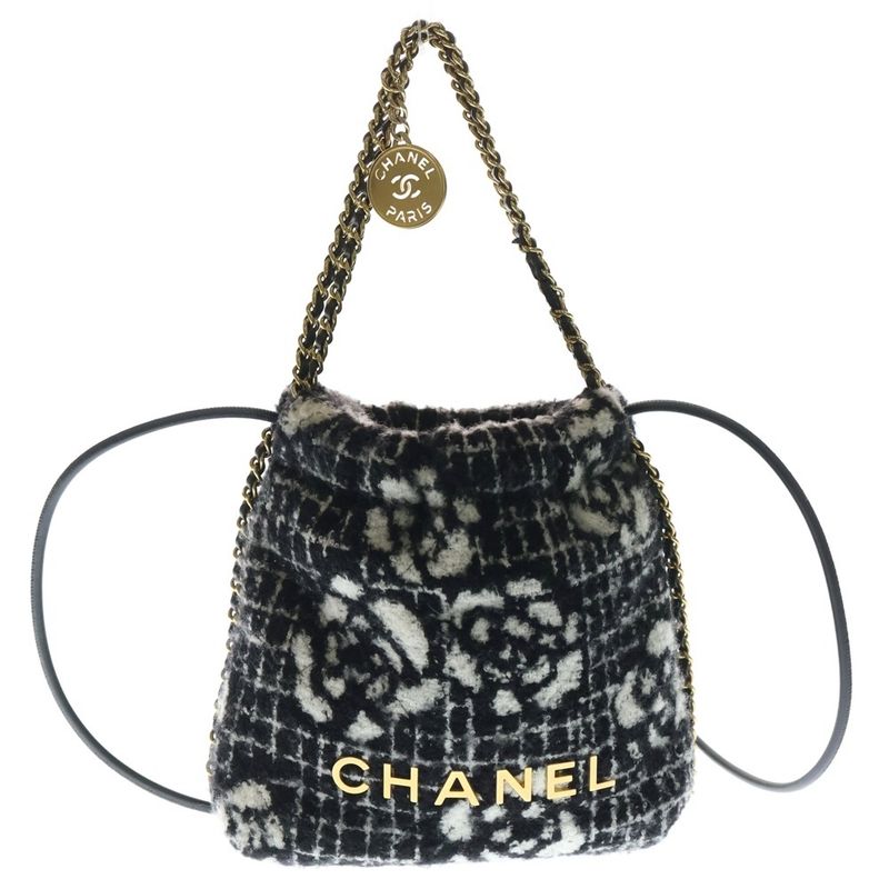 Chanel 22 Camellia 2-Way Shoulder Bag Handbag White Black Wool As3980