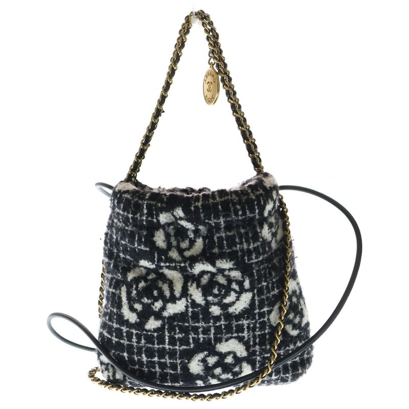 Chanel 22 Camellia 2-Way Shoulder Bag Handbag White Black Wool As3980