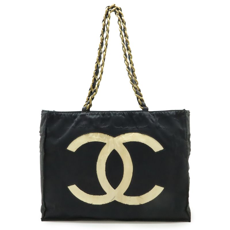 Chanel Chanel Chain Shoulder Big Tote Bag Nylon Black White Gold Hardware