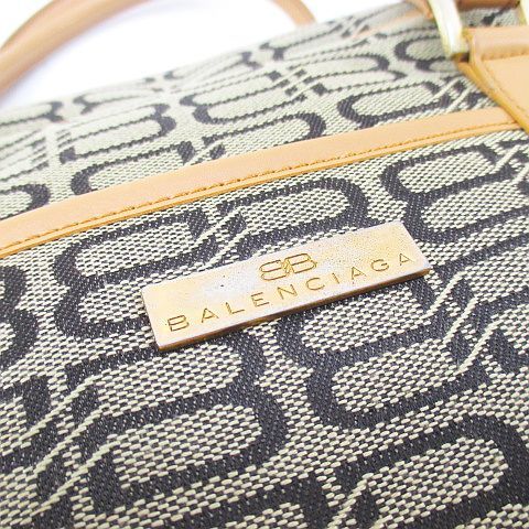 Balenciaga Tote Boston Bag BB Logo Canvas Leather Beige