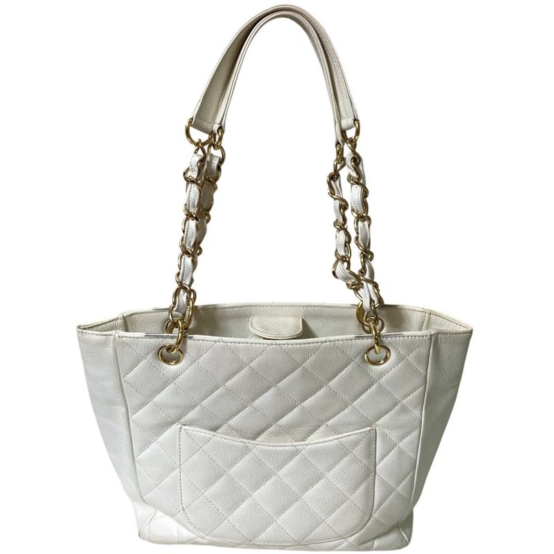 Chanel CC Logo Quilted Caviar Leather Chain Shoulder Bag White