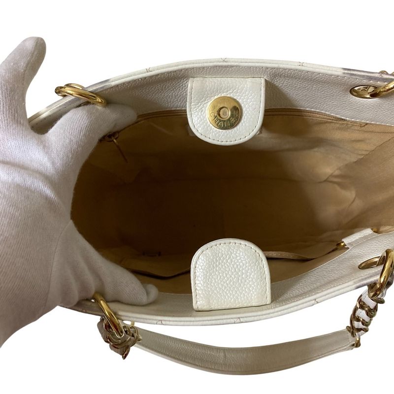 Chanel CC Logo Quilted Caviar Leather Chain Shoulder Bag White