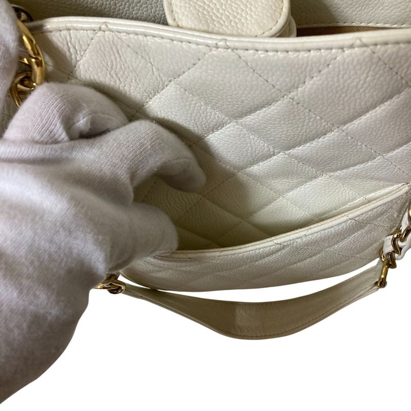 Chanel CC Logo Quilted Caviar Leather Chain Shoulder Bag White