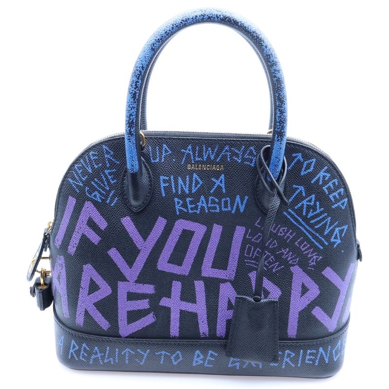 Balenciaga Ville Top Handle Graffiti Handbag Black Leather Gold