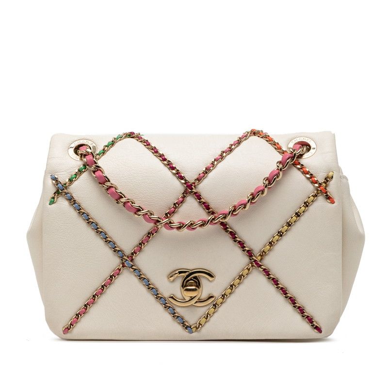 Chanel CC Logo Chain Shoulder Bag White Multicolor Lambskin
