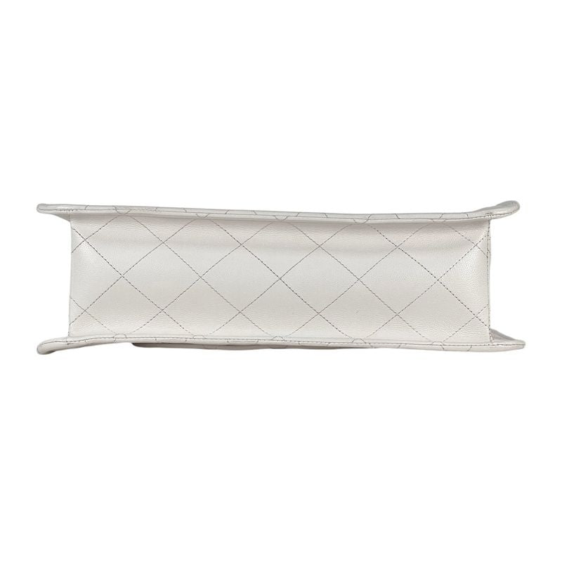 Chanel CC Logo Chain Tote Shoulder Bag Quilted Leather White