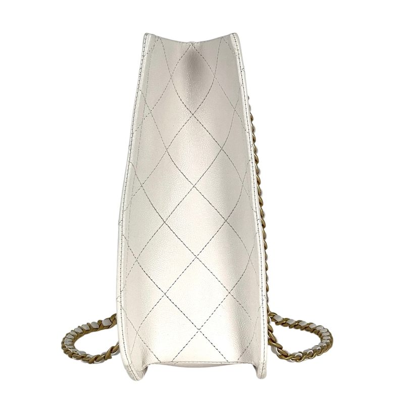 Chanel CC Logo Chain Tote Shoulder Bag Quilted Leather White