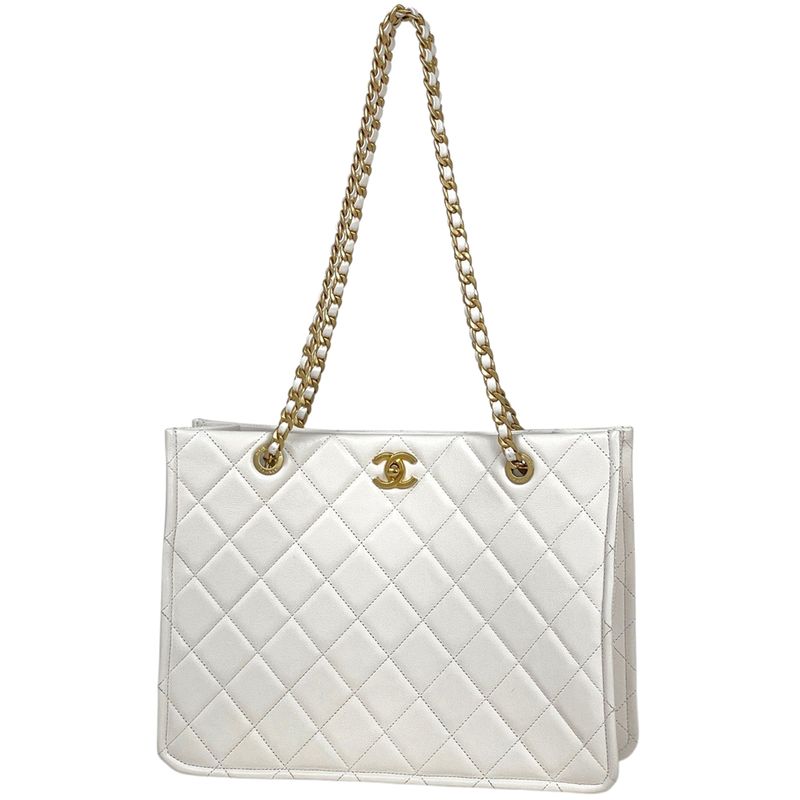 Chanel CC Logo Chain Tote Shoulder Bag Quilted Leather White