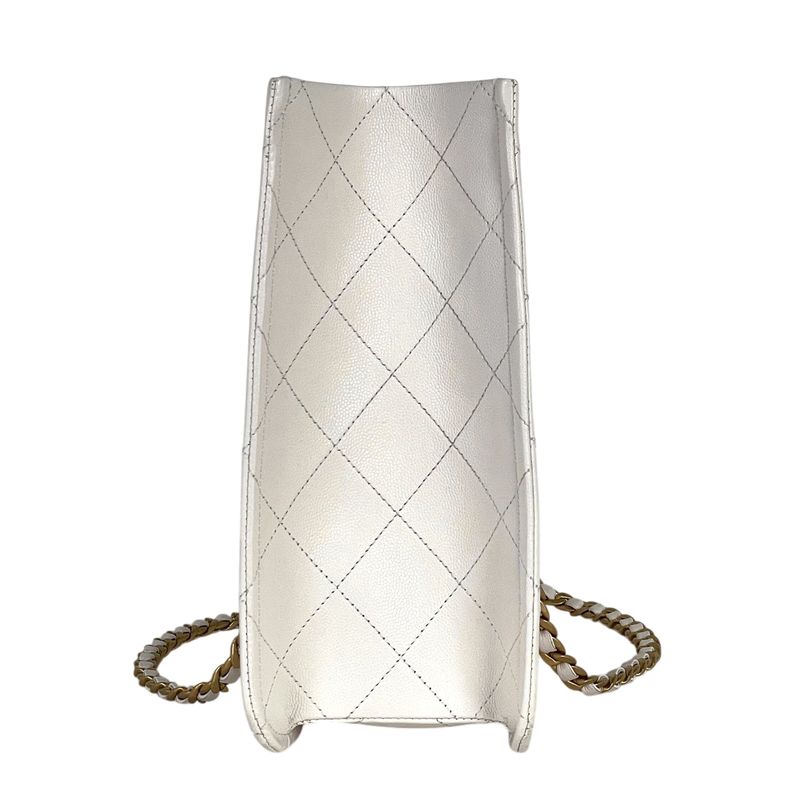 Chanel CC Logo Chain Tote Shoulder Bag Quilted Leather White