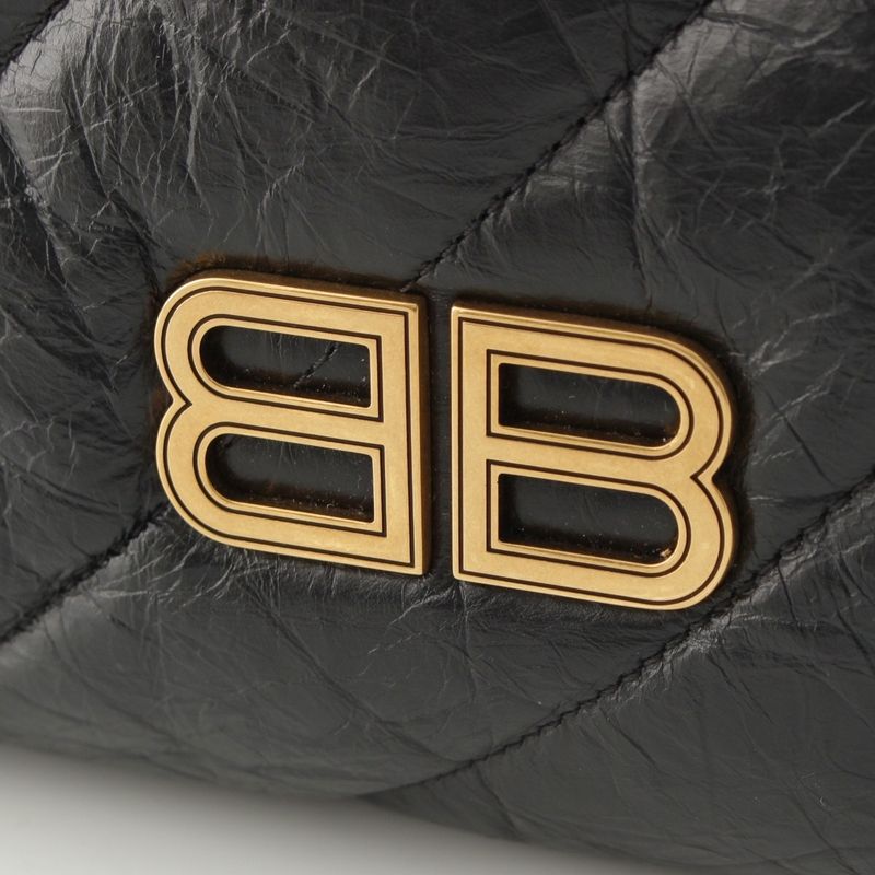Balenciaga Crush Leather Small Quilted Hobo Chain Shoulder Bag Black