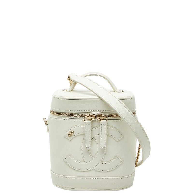 Chanel CC Logo Vanity Chain Shoulder Bag White Gold Leather