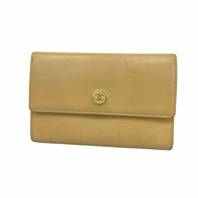 Chanel Wallet Coco Button Leather Beige Gold