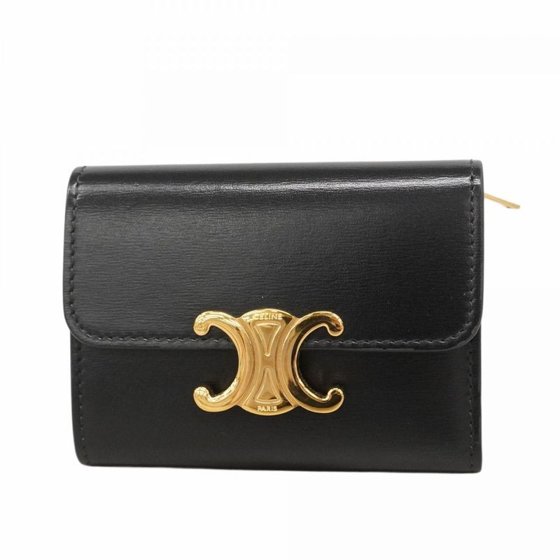 Celine Trifold Wallet Triomphe Leather Black Gold