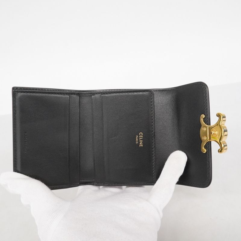 Celine Trifold Wallet Triomphe Leather Black Gold