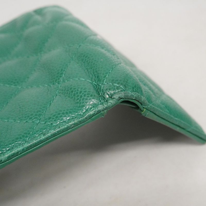 Chanel Trifold Wallet Quilted Caviar Leather Green Silver