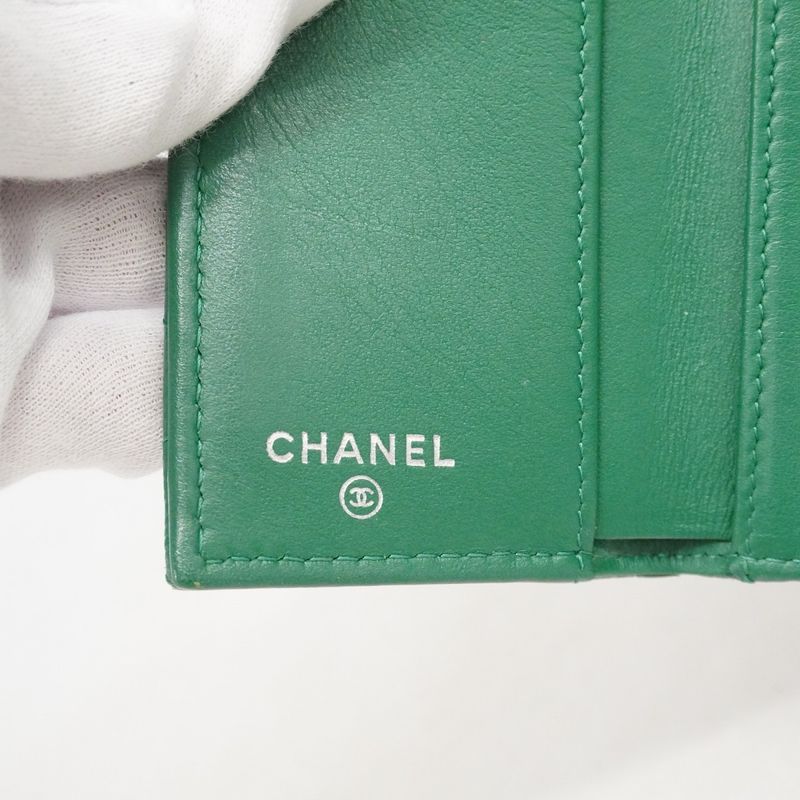 Chanel Trifold Wallet Quilted Caviar Leather Green Silver