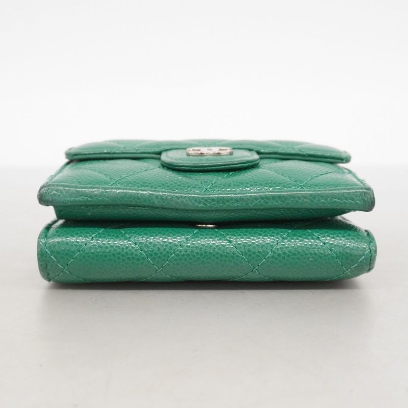Chanel Trifold Wallet Quilted Caviar Leather Green Silver