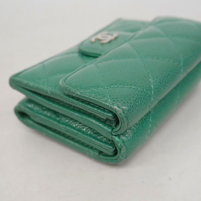 Chanel Trifold Wallet Quilted Caviar Leather Green Silver
