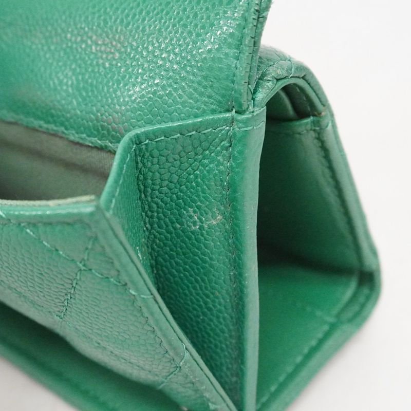 Chanel Trifold Wallet Quilted Caviar Leather Green Silver