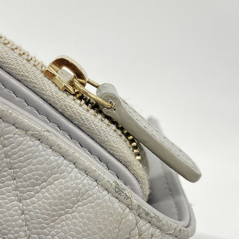 Chanel Trifold Wallet Quilted Caviar Leather Gray Champagne Gold