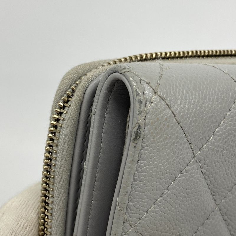 Chanel Trifold Wallet Quilted Caviar Leather Gray Champagne Gold